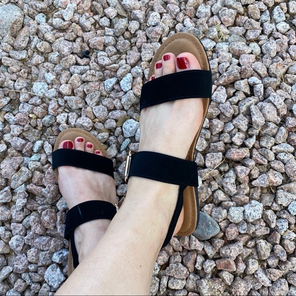 New Black Ankle Strap Vegan Suede Sandals WIDE - Picture 4 of 9